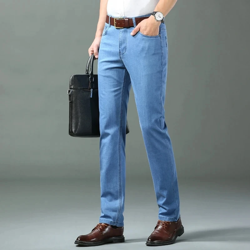 Spring/summer Thin Denim Straight Cotton Stretch Jeans Men Business Casual Cloth High Waist Ice Silk Lightweight Trousers - Image 3