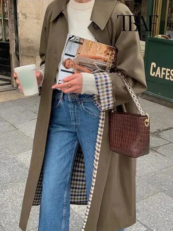 TRAF Women's Fashion Long Trench Coat Retro Loose Single-breasted Coat Autumn and Winter Lapel High Street Temperament Coat - Image 5