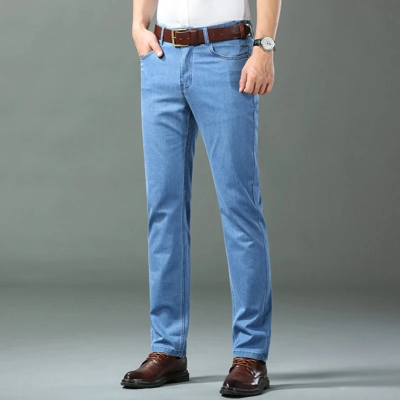 Spring/summer Thin Denim Straight Cotton Stretch Jeans Men Business Casual Cloth High Waist Ice Silk Lightweight Trousers - Image 5