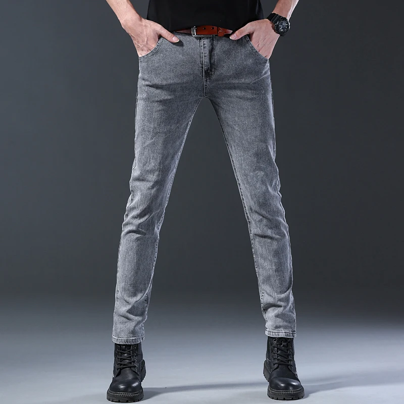 New style jeans, men's slim fit, Korean style comfortable straight leg elastic gray mid waist pants, men's casual denim pants - Image 2