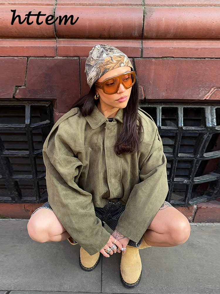 Street Women's Suede Bomber Jacket Fashion Lapel Zipper Full Sleeve Female Coats 2025 Spring Lady Casual Commute Vintage Outwear - Image 4