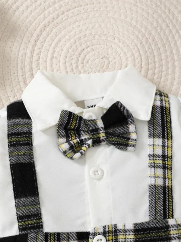 Newborn Literary Style Boy Baby Lapel False Strap Black Plaid Color Matching Jumpsuit Long Sleeve Button Cardigan Pantyband Hat - Image 4