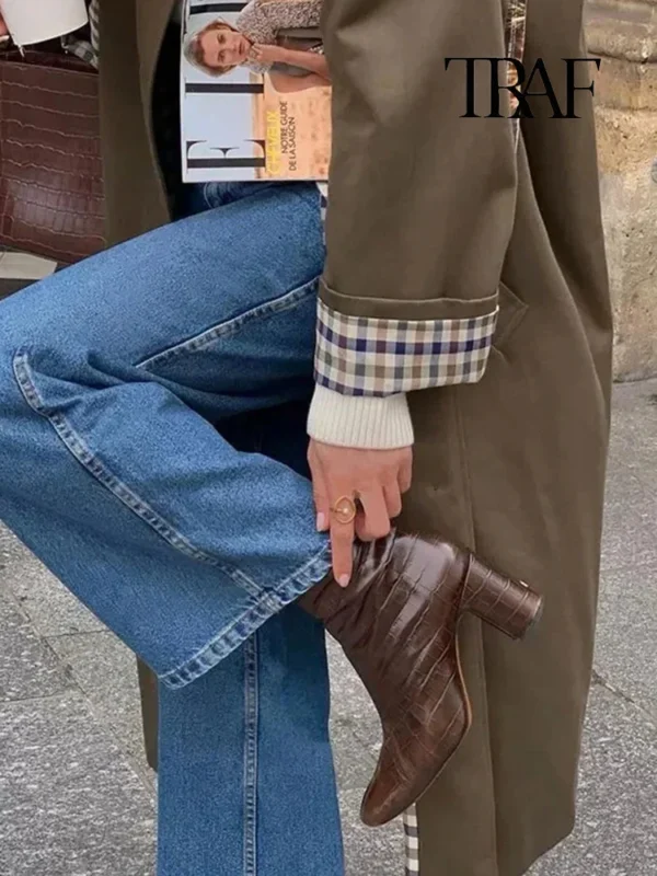 TRAF Women's Fashion Long Trench Coat Retro Loose Single-breasted Coat Autumn and Winter Lapel High Street Temperament Coat - Image 6