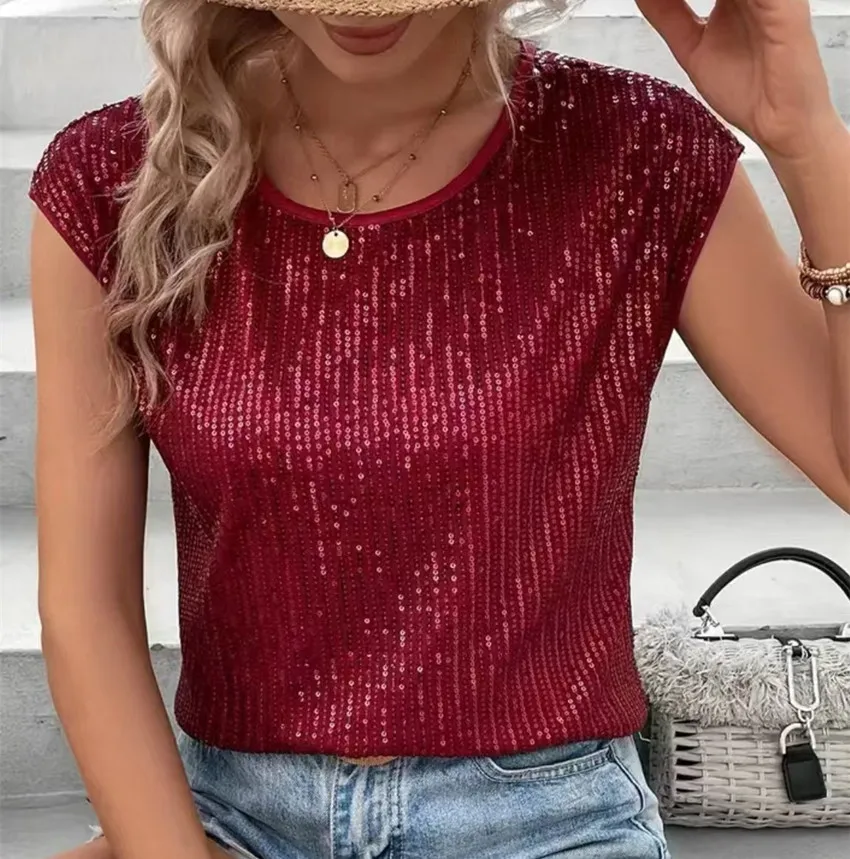 Europe and the United States hot ladies sexy short-sleeved glitter beads embroidery blouse short-sleeved sequin T-shirt - Image 3