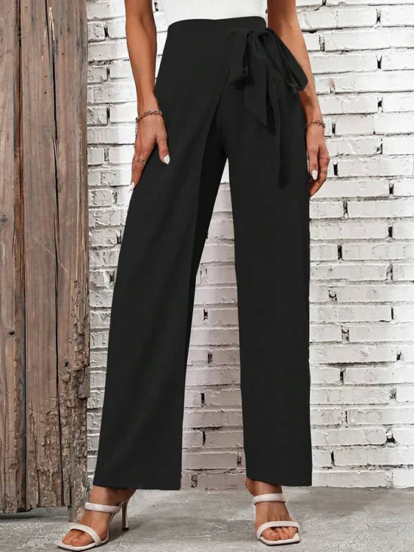 Women's Spring Autumn New Fashion Elegant Solid Color Pocket Elastic Bow Casual High Waist Loose Wide Leg Straight Long Pants - Image 5
