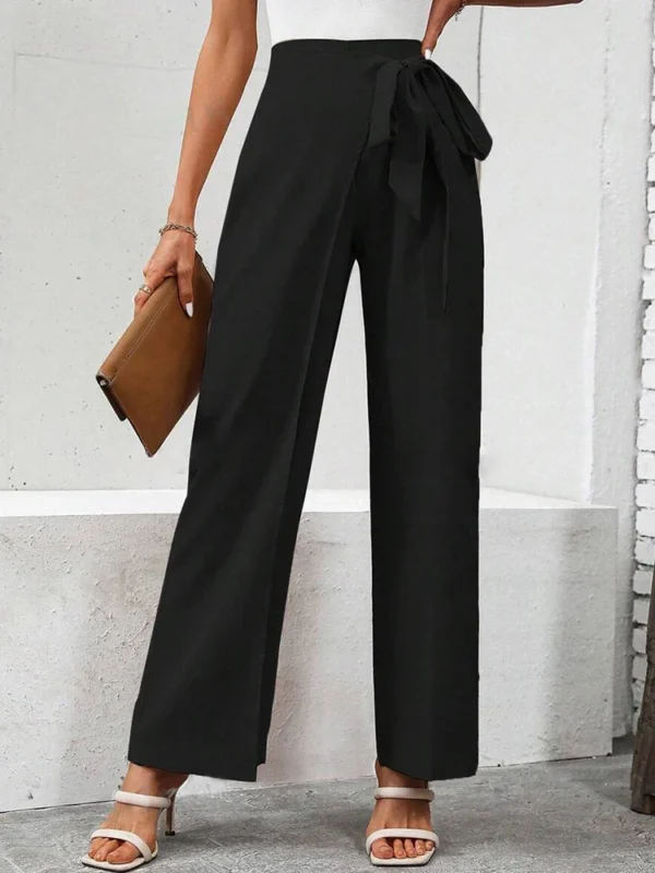 Women's Spring Autumn New Fashion Elegant Solid Color Pocket Elastic Bow Casual High Waist Loose Wide Leg Straight Long Pants - Image 3