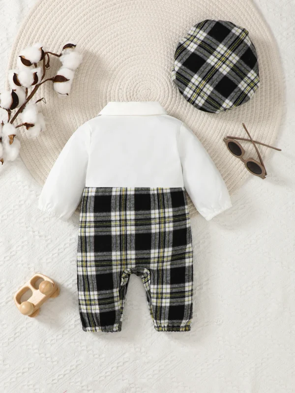 Newborn Literary Style Boy Baby Lapel False Strap Black Plaid Color Matching Jumpsuit Long Sleeve Button Cardigan Pantyband Hat - Image 2