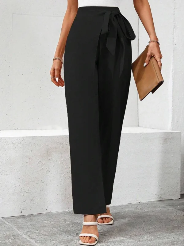 Women's Spring Autumn New Fashion Elegant Solid Color Pocket Elastic Bow Casual High Waist Loose Wide Leg Straight Long Pants