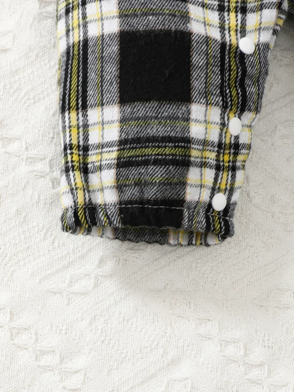 Newborn Literary Style Boy Baby Lapel False Strap Black Plaid Color Matching Jumpsuit Long Sleeve Button Cardigan Pantyband Hat - Image 5