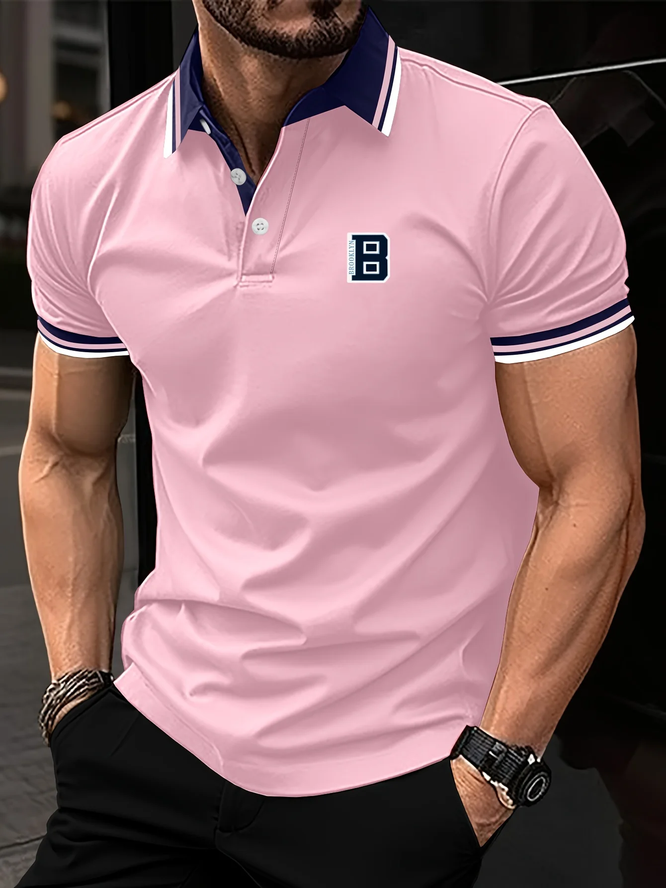 Fashion Casual Business Button Polo Shirt Mens Color-Blocked B Letter Print Short Sleeve Polo Breathable Golf Sport Polo Tshirt