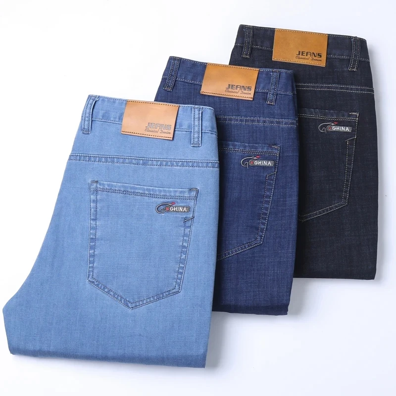 Spring/summer Thin Denim Straight Cotton Stretch Jeans Men Business Casual Cloth High Waist Ice Silk Lightweight Trousers - Image 4
