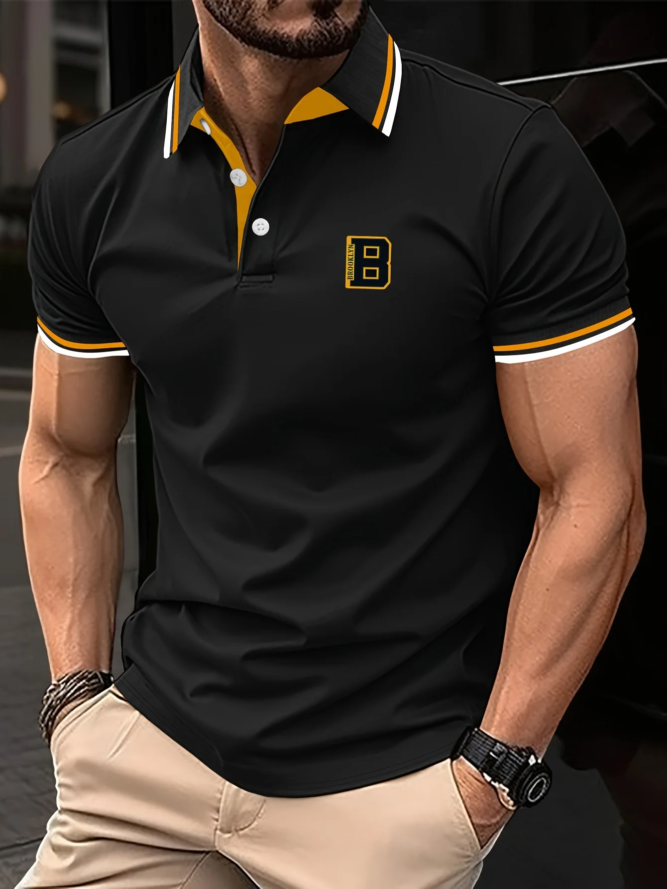 Fashion Casual Business Button Polo Shirt Mens Color-Blocked B Letter Print Short Sleeve Polo Breathable Golf Sport Polo Tshirt - Image 3