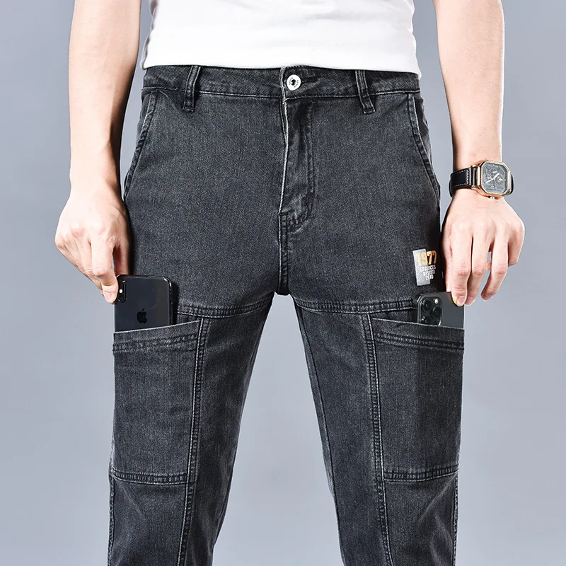 Fashion 6 Pockets Design Jeans Men's Blackgray Blue Stretch Straight Casual Denim Trousers Brand Clothing Cotton Male Pants