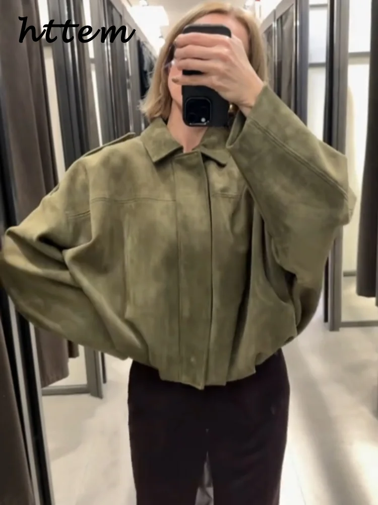 Street Women's Suede Bomber Jacket Fashion Lapel Zipper Full Sleeve Female Coats 2025 Spring Lady Casual Commute Vintage Outwear