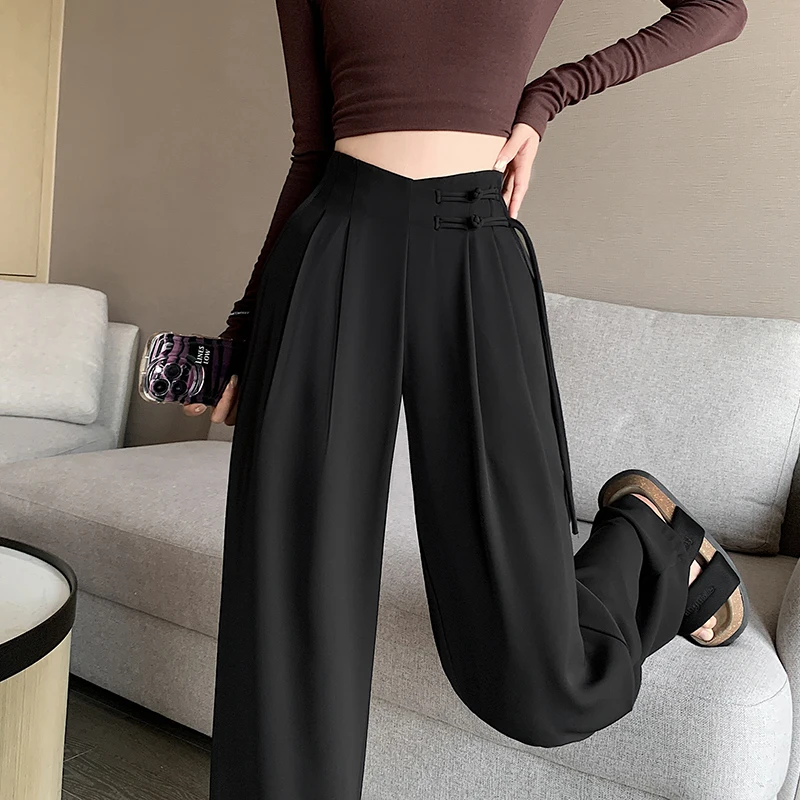 High Waist Buttons Suit Wide Leg Women's Full Pants 2024 New Spring Summer Female Elegant Minimalism Straight Loose Trousers - Image 3