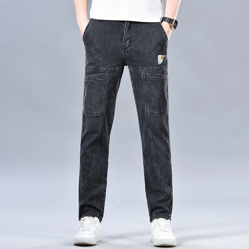Fashion 6 Pockets Design Jeans Men's Blackgray Blue Stretch Straight Casual Denim Trousers Brand Clothing Cotton Male Pants - Image 3