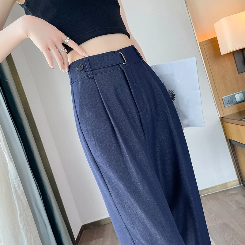 Seoulish Summer Jeans Women's Denim Pants 2024 New Straight Leg High Waist Draping Ice Silk Floor Length Wide Leg Pants Female - Image 4
