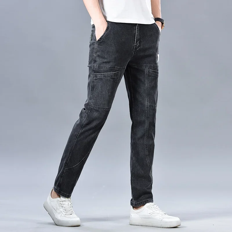 Fashion 6 Pockets Design Jeans Men's Blackgray Blue Stretch Straight Casual Denim Trousers Brand Clothing Cotton Male Pants - Image 4