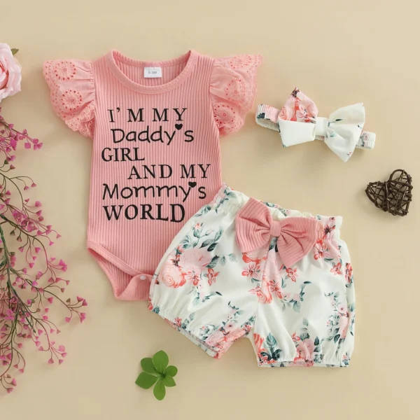 MISOWMNJOY Sweet Baby Girl Clothes for Summer Newborn Outfits Letter Print Romper Floral Print Shorts Headband 3Pcs Clothes Set