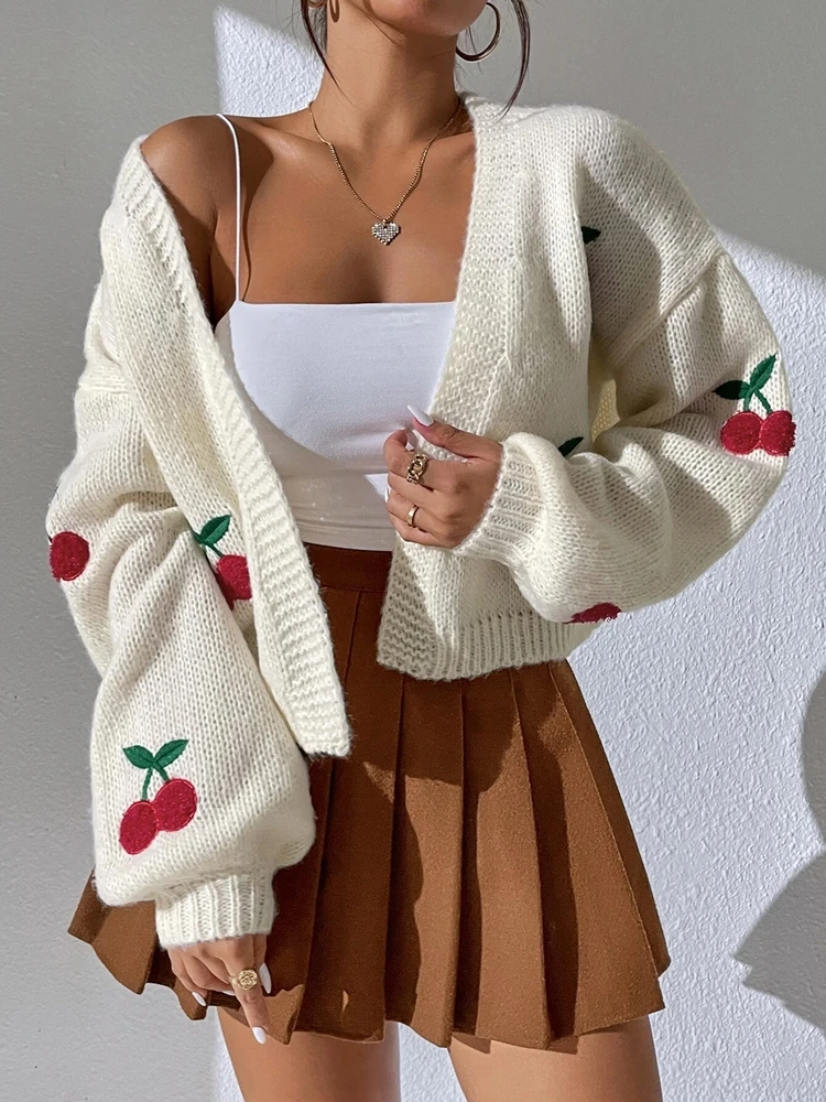 2024 New Low Shoulder Cherry Embroidered Pattern Cardigan Sweater Women's Loose Coat Knitted Sweater - Image 5