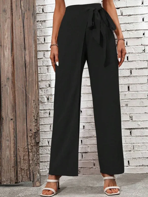 Women's Spring Autumn New Fashion Elegant Solid Color Pocket Elastic Bow Casual High Waist Loose Wide Leg Straight Long Pants - Image 4