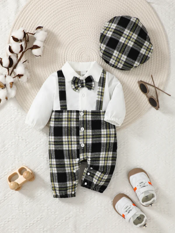 Newborn Literary Style Boy Baby Lapel False Strap Black Plaid Color Matching Jumpsuit Long Sleeve Button Cardigan Pantyband Hat