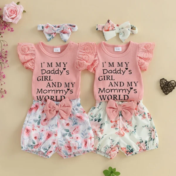 MISOWMNJOY Sweet Baby Girl Clothes for Summer Newborn Outfits Letter Print Romper Floral Print Shorts Headband 3Pcs Clothes Set - Image 2